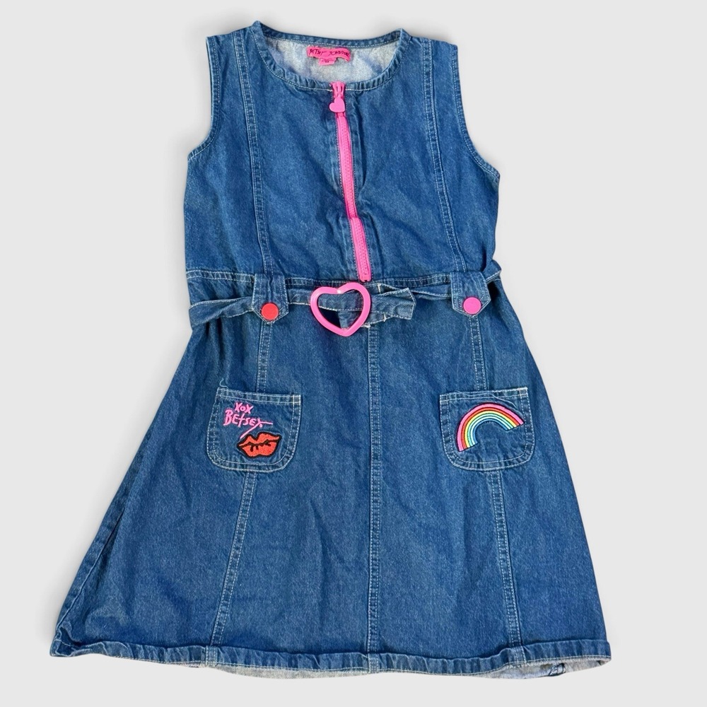 Betsey Johnson Girls Blue Denim Jumper Dress Size 14 Pink Heart Zip Rainbow Lips